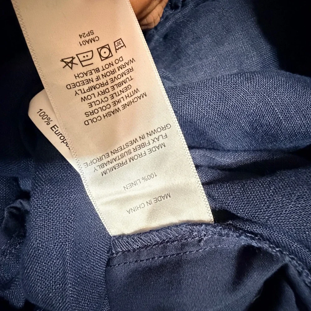 Quince Navy Blue 100% European Linen Wide Leg Elastic Waist Pants Large CMA01